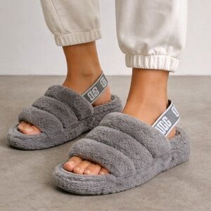 UGG Size 7 Gray Fluff Yeah Shearling Slingback Slippers Slides Cozy Casual EU 38